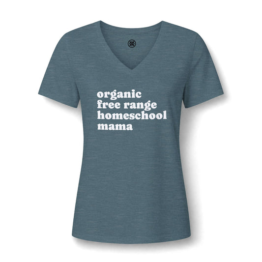 Organic Free Range Homeschool Mama - Heathered V-Neck Tee Women’s Relaxed T-Shirt