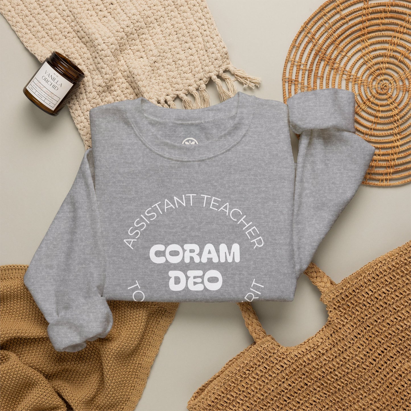 Crewneck Sweatshirt — "Coram Deo" Assistant Teacher Christian Shirt