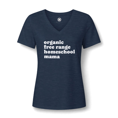 Organic Free Range Homeschool Mama  - Heathered V-Neck Tee Women’s Relaxed T-Shirt
