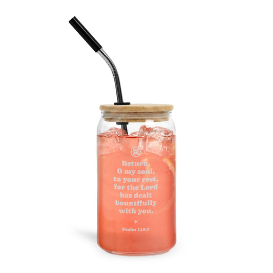 Return to Your Rest Psalm 116:7 Engraved 16oz Can Glass with Bamboo Lid & Straw Inspirational Scripture Drinking Jar
