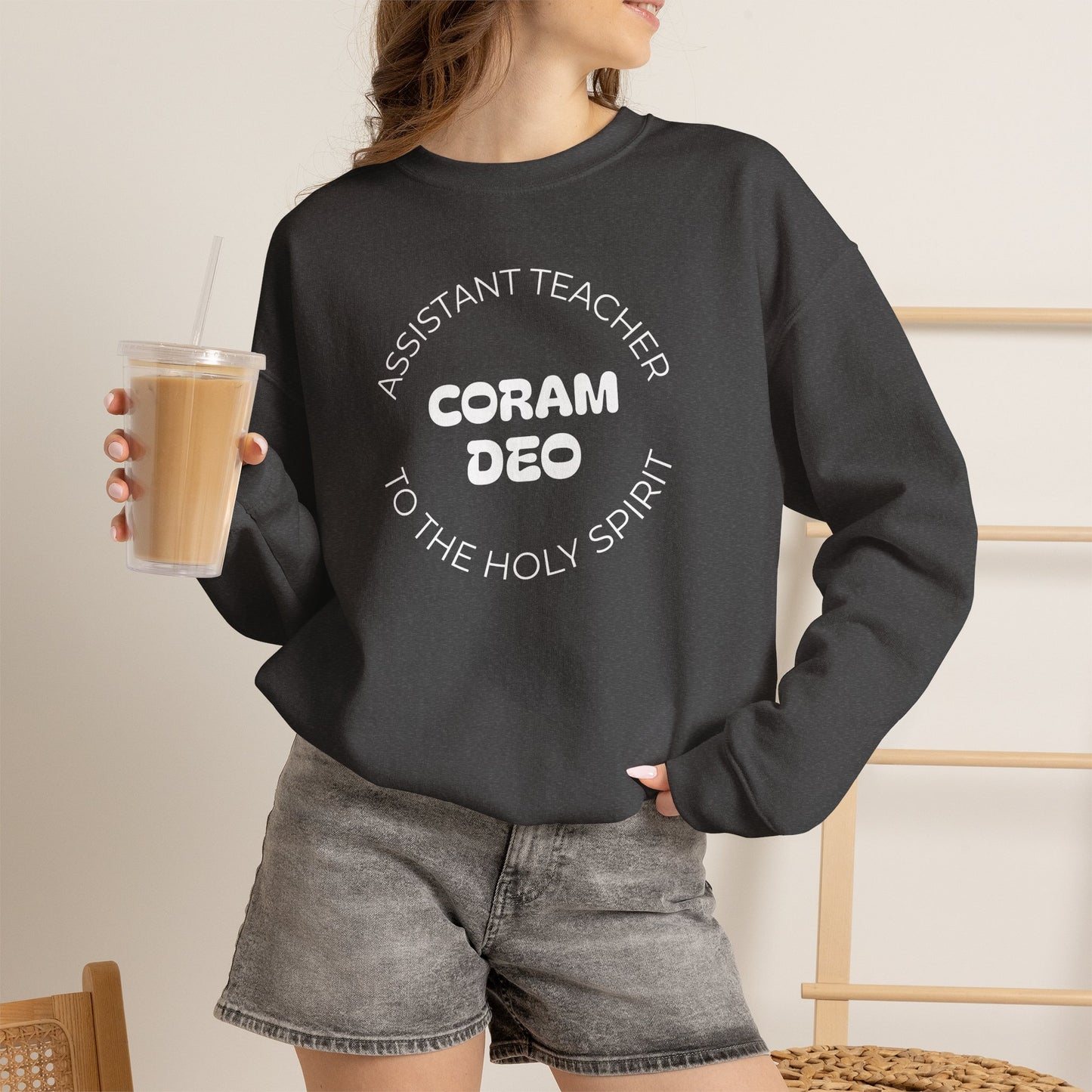 Crewneck Sweatshirt — "Coram Deo" Assistant Teacher Christian Shirt