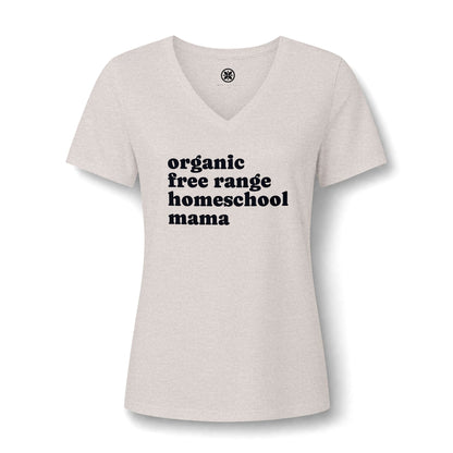 Organic Free Range Homeschool Mama  - Heathered V-Neck Tee Women’s Relaxed T-Shirt