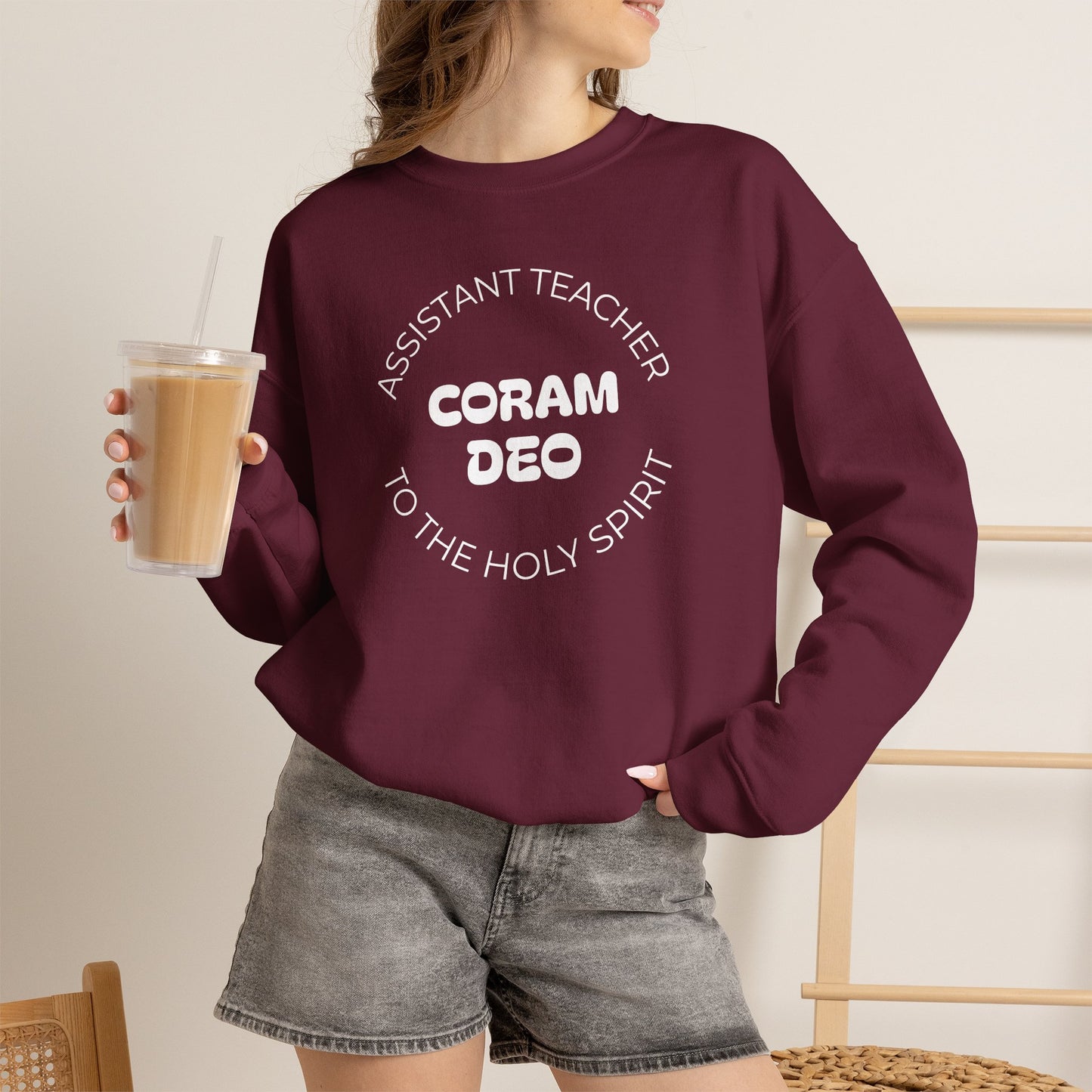 Crewneck Sweatshirt — "Coram Deo" Assistant Teacher Christian Shirt