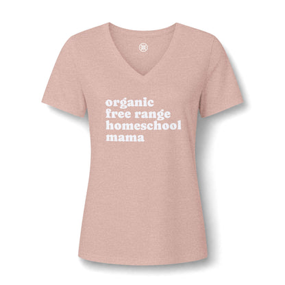 Organic Free Range Homeschool Mama  - Heathered V-Neck Tee Women’s Relaxed T-Shirt
