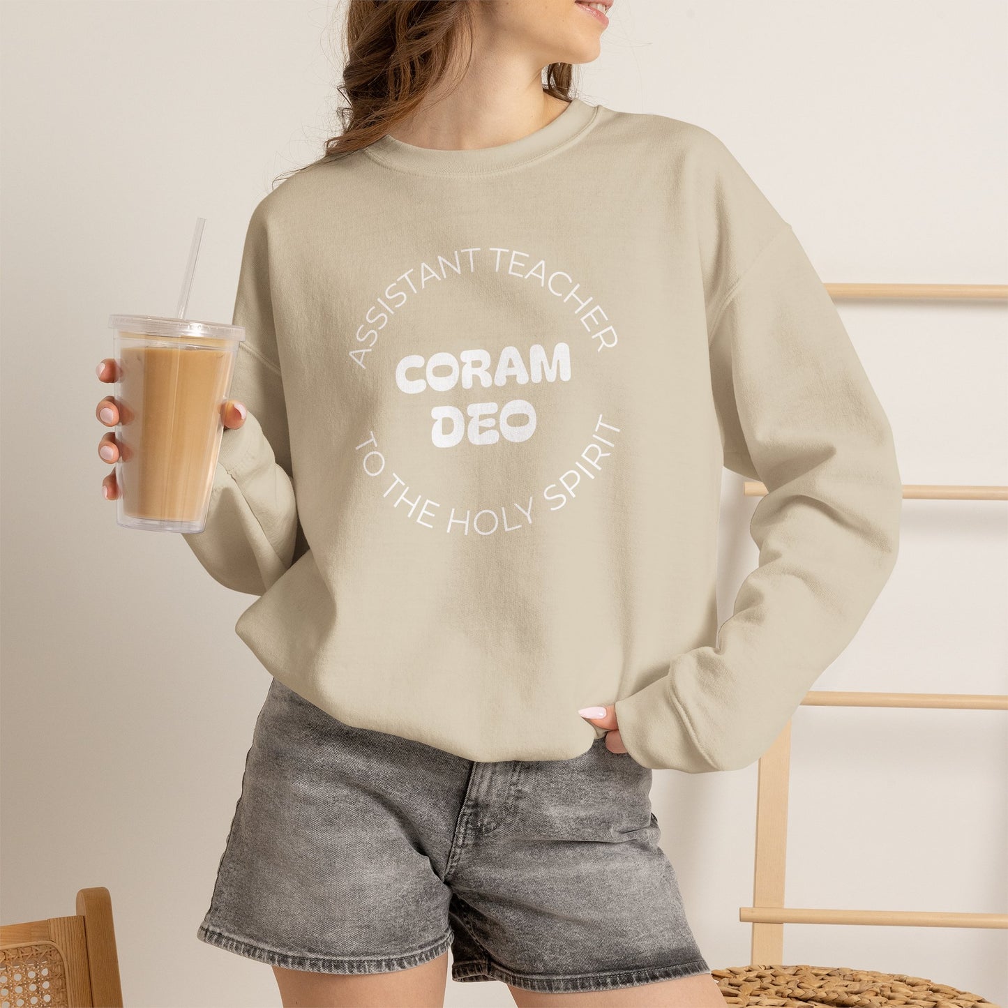 Crewneck Sweatshirt — "Coram Deo" Assistant Teacher Christian Shirt