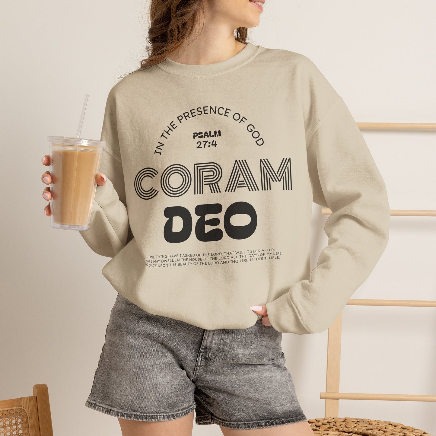 Coram Deo Crewneck Sweatshirt — Psalm 27:4 Christian Faith Pullover