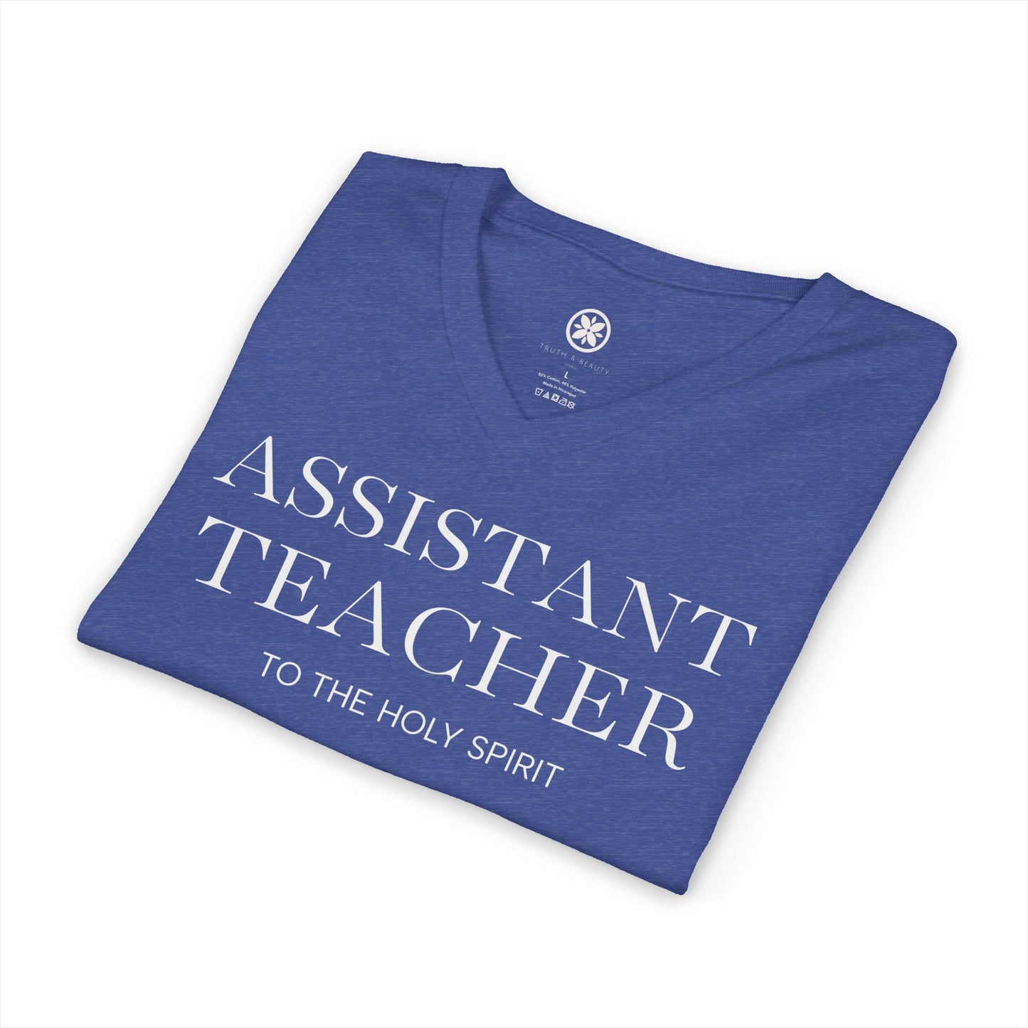 Assistant Teacher V-Neck Tee — "Assistant Teacher to the Holy Spirit" Minimal Christian Staff Shirt