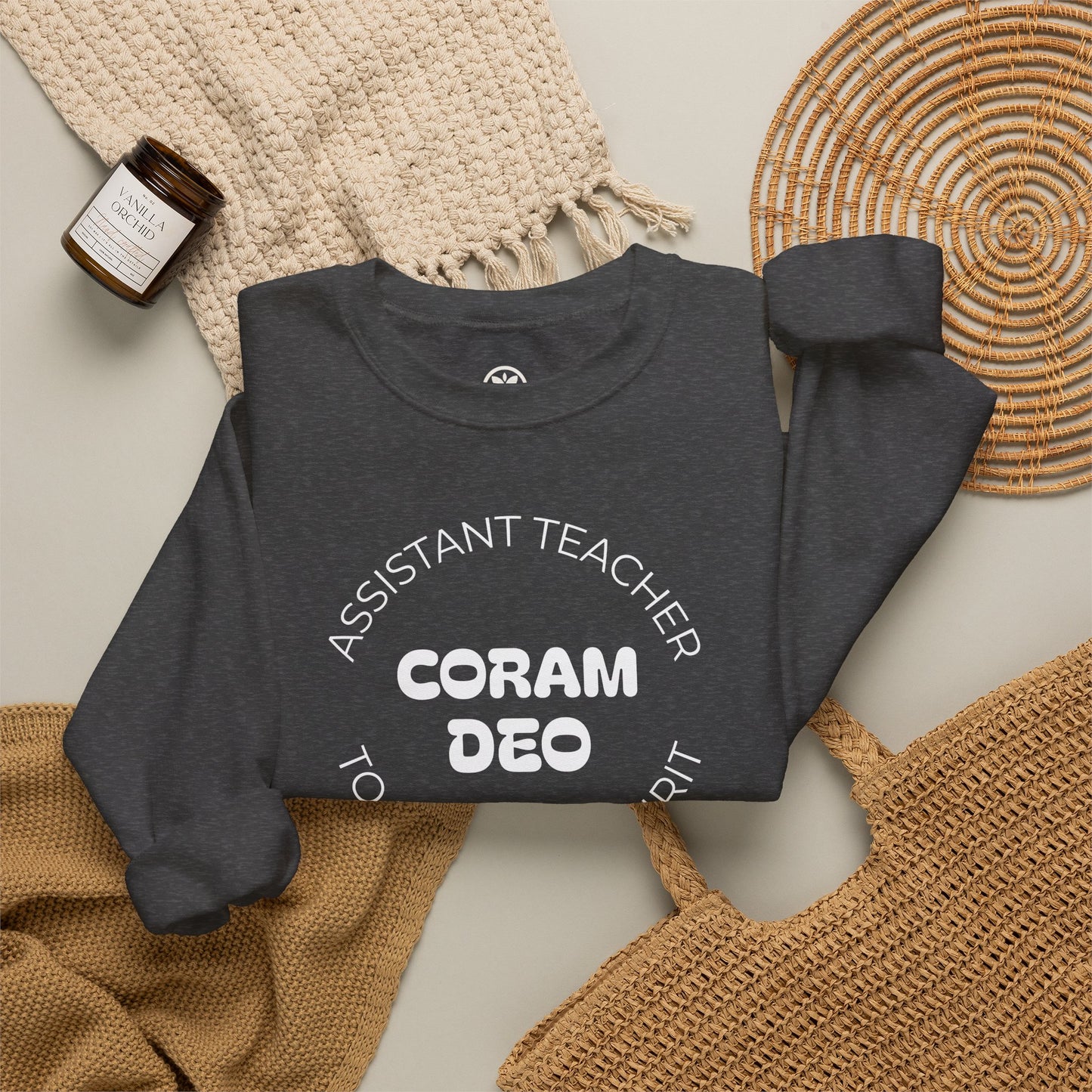 Crewneck Sweatshirt — "Coram Deo" Assistant Teacher Christian Shirt
