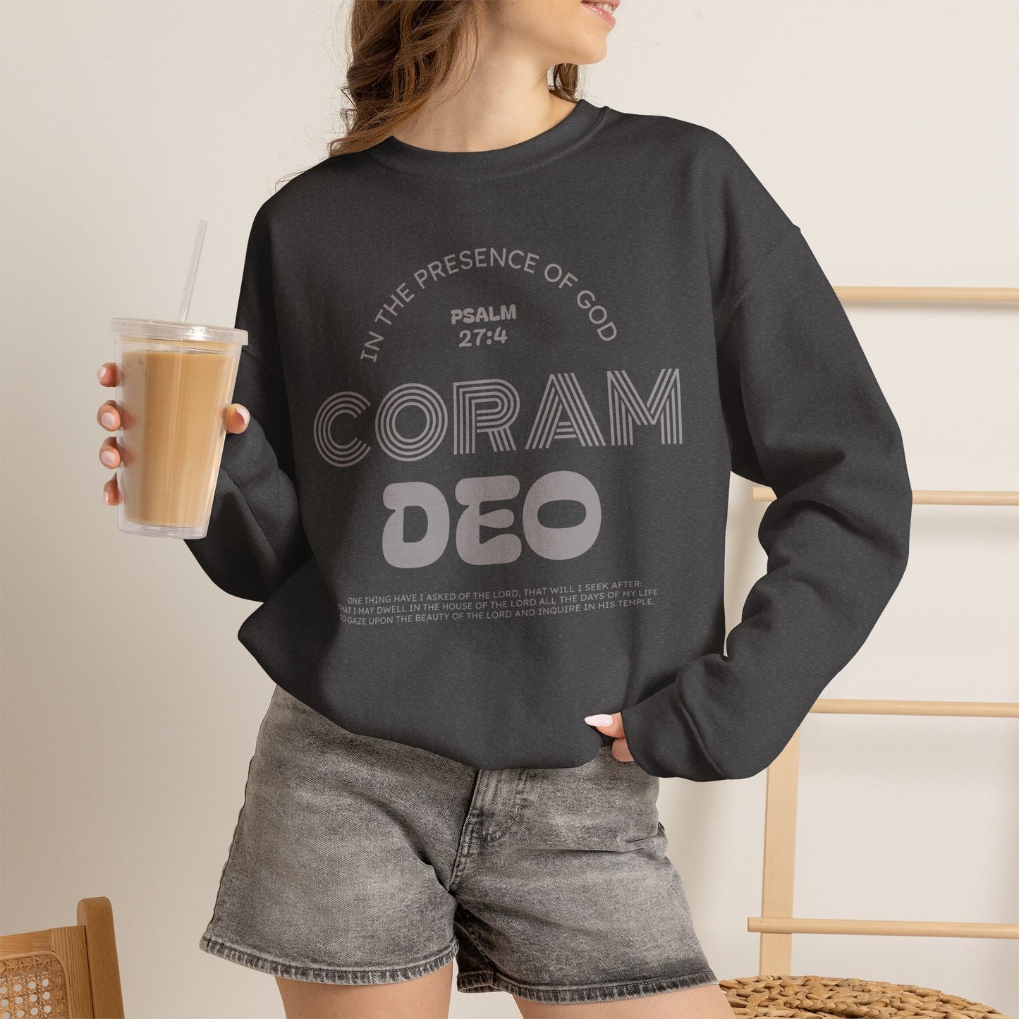 Coram Deo Crewneck Sweatshirt — Psalm 27:4 Christian Faith Pullover
