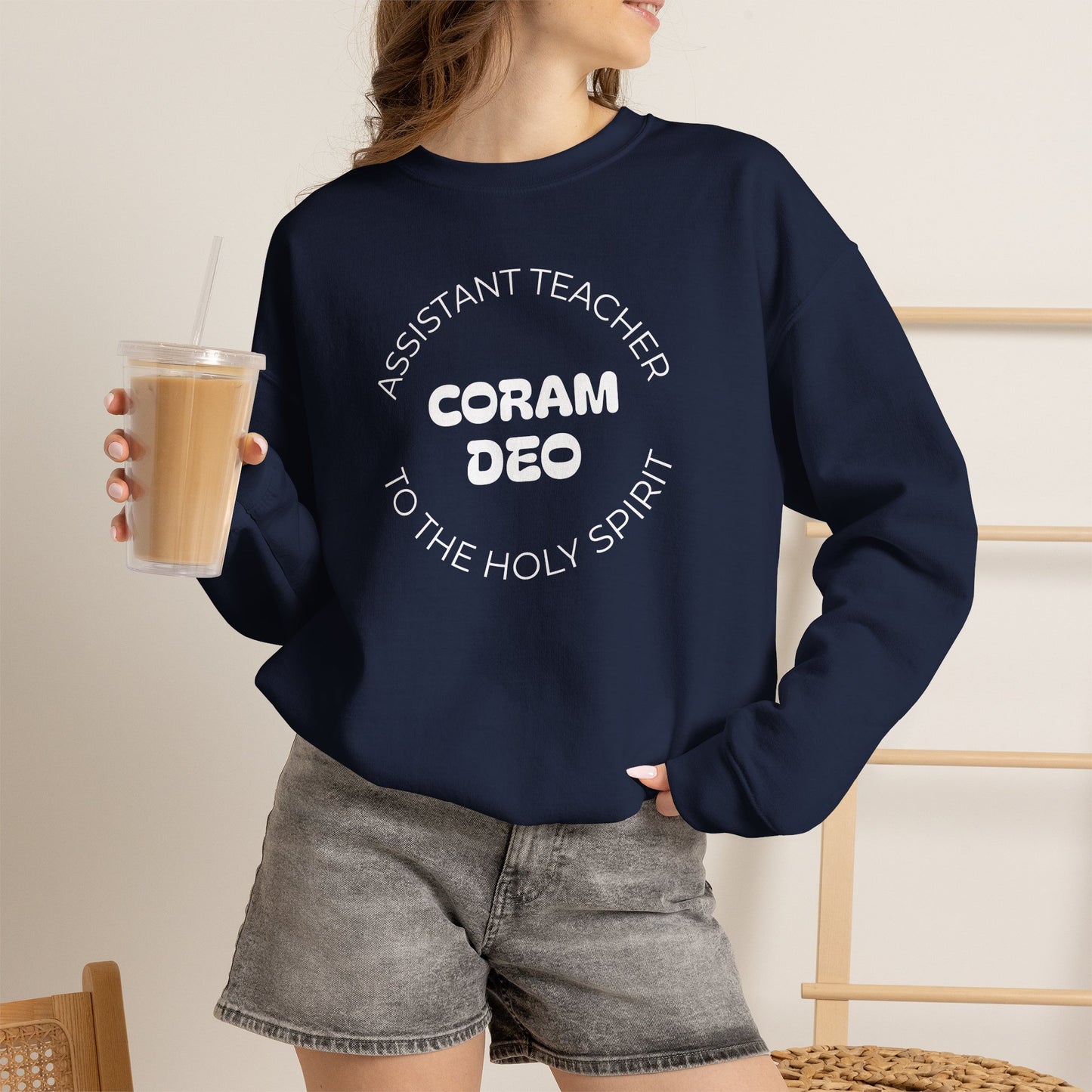 Crewneck Sweatshirt — "Coram Deo" Assistant Teacher Christian Shirt