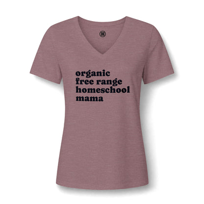 Organic Free Range Homeschool Mama  - Heathered V-Neck Tee Women’s Relaxed T-Shirt