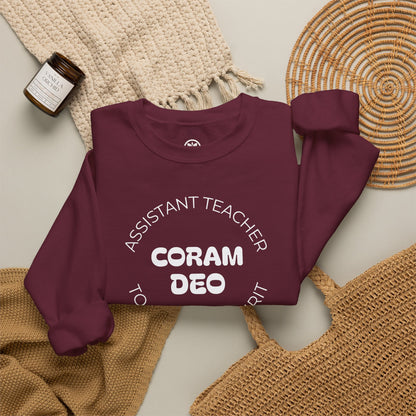 Crewneck Sweatshirt — "Coram Deo" Assistant Teacher Christian Shirt