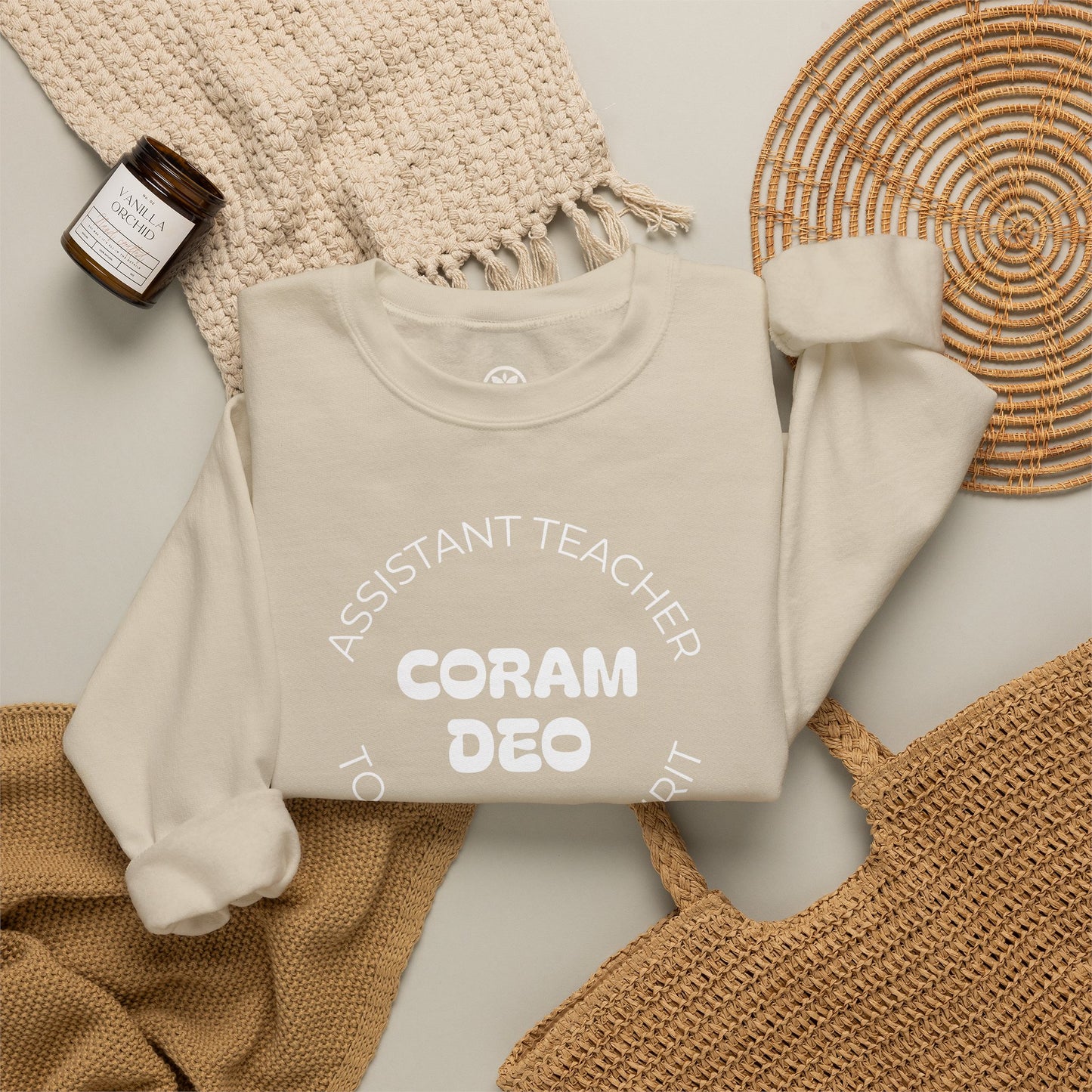 Crewneck Sweatshirt — "Coram Deo" Assistant Teacher Christian Shirt