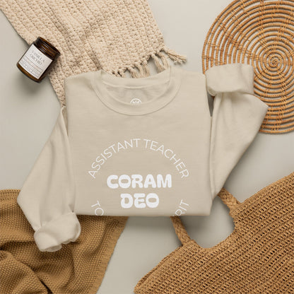 Crewneck Sweatshirt — "Coram Deo" Assistant Teacher Christian Shirt