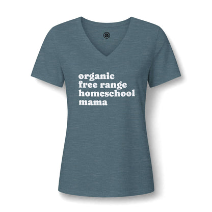 Organic Free Range Homeschool Mama  - Heathered V-Neck Tee Women’s Relaxed T-Shirt